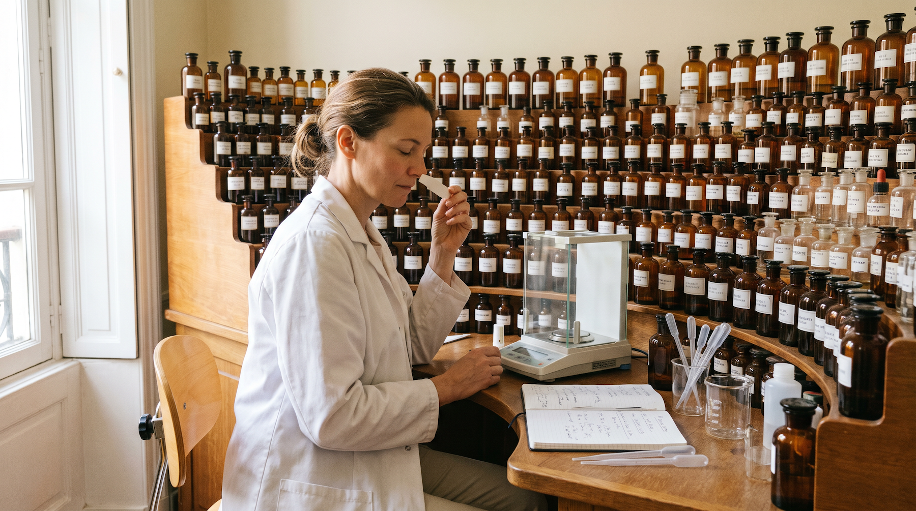 1 • Dans son atelier, un nez conçoit une nouvelle fragrance • © La Plume 2026 1 • Dans son atelier, un nez conçoit une nouvelle fragrance • © La Plume 2026