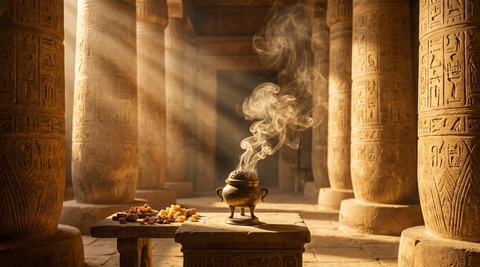 6 • Dans un temple égyptien, le parfum solide est brûlé pour célébrer les dieux • © La Plume 2026